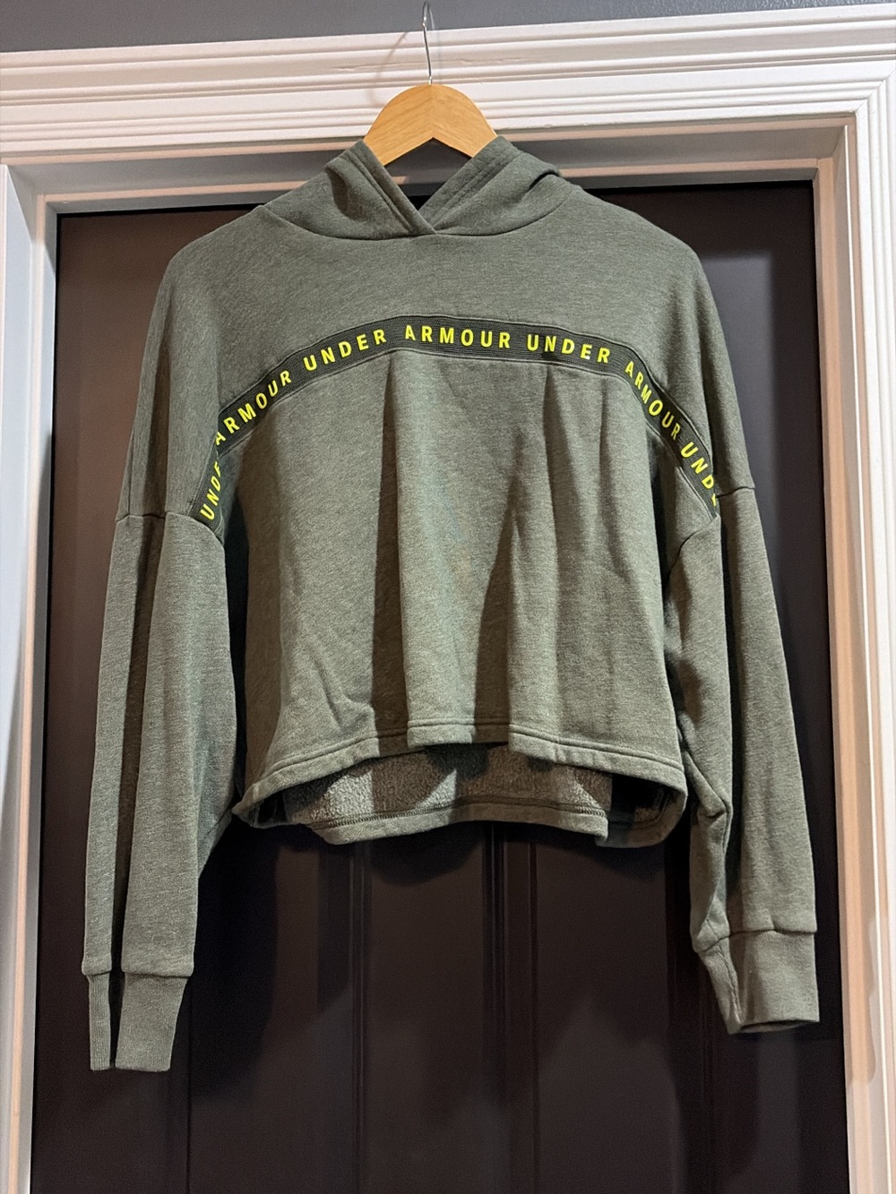 Under Armour Olive Green Cropped Hooded Sweatshirt with Yellow Logo Tape